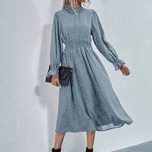 Shirred neck & waist polka dot dress